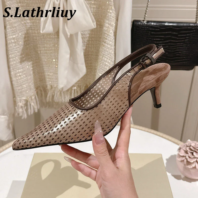 Pointed Hollow-Out Fashionable Low Heel Sandals for Summer Casual and Comfortable Solid Color Office Commuting Shoes