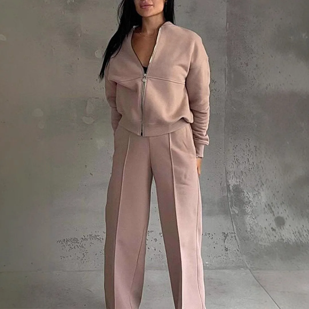 2025 Autumn And Winter Casual Fashion Temperament Solid Color Long-sleeved Zipper Women's Casual Zipper Jacket Wide-leg Pants Tw