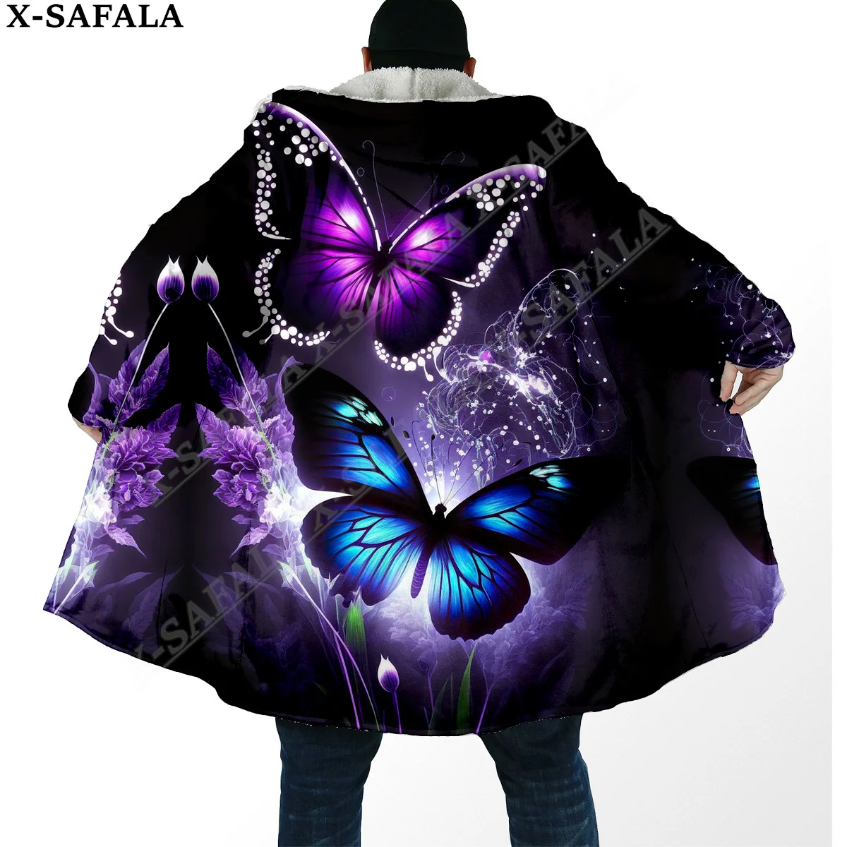 Colorful Butterfly Trippy Psychedelic Overcoat Coat 3D Print Thick Warm Hooded Cloak  Men Windproof Fleece Unisex Casual-1