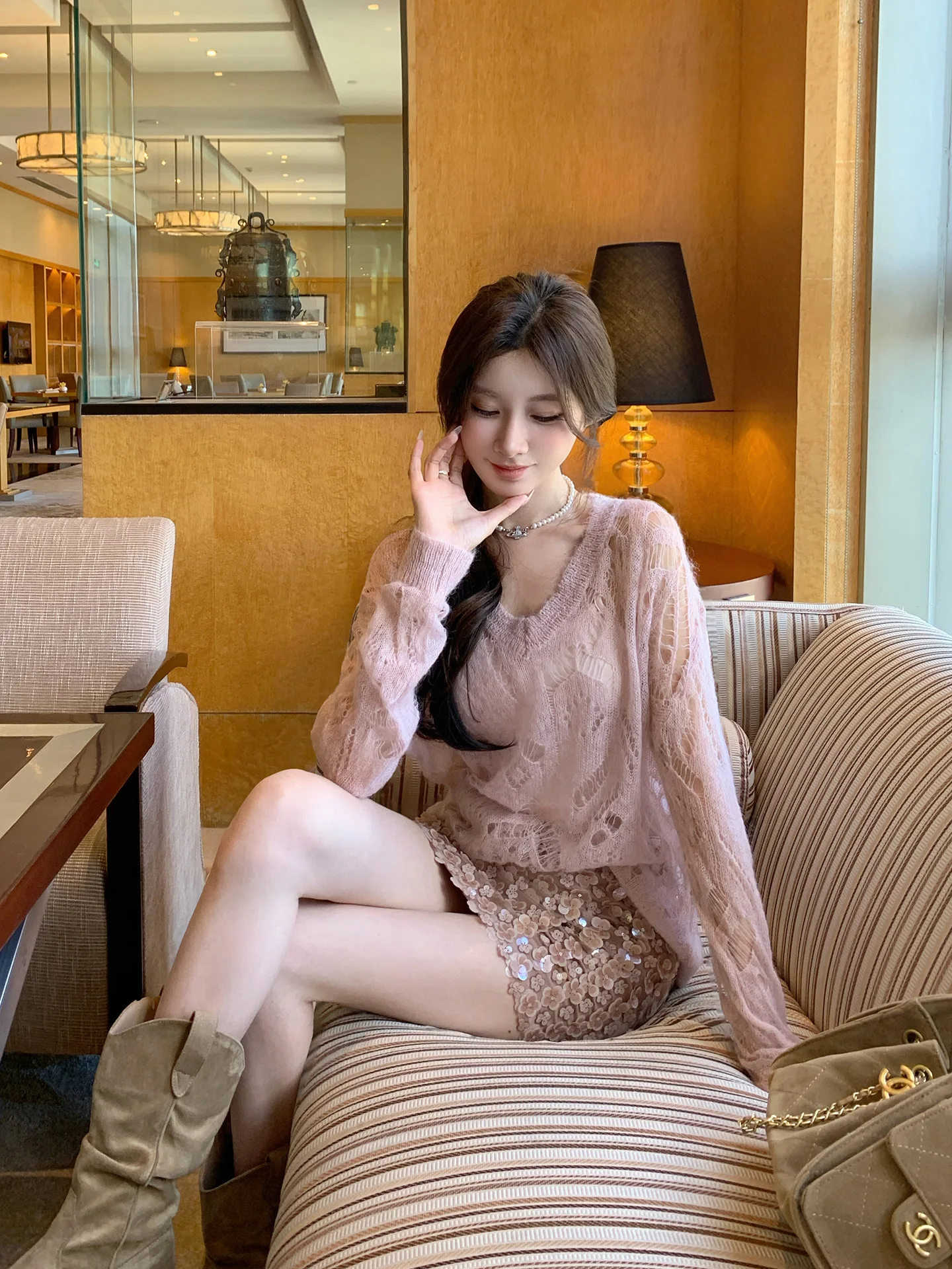 

Pink V-ne Knitted Sweater Hollow-out Women's Top 2-piece Set Loose Fit French Sle Summer Autumn Collection for Girls