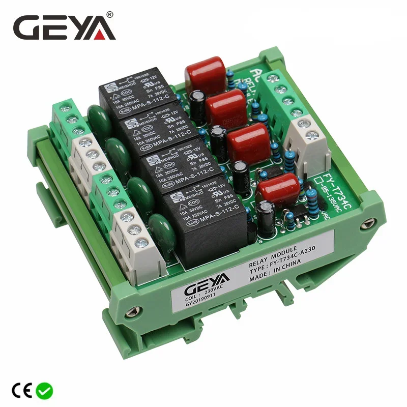 GEYA 4 Channel Relay Module 1 SPDT DIN Rail Mount 12V 24V DC/AC Interface Relay Module for PLC 230VAC 5VDC