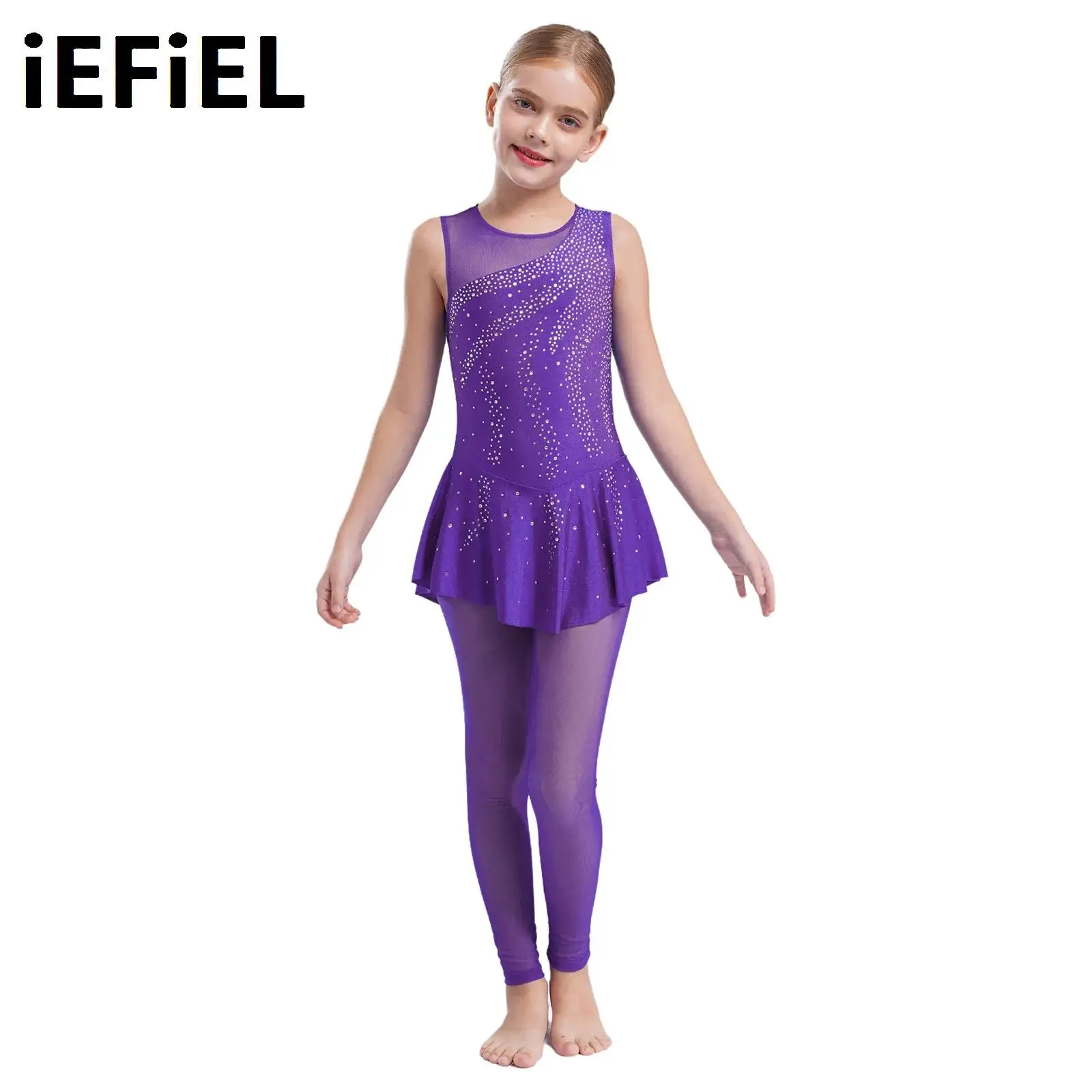

Kids Girls Dance Skirted Jumpsuit Keyhole Back Ankle Length Shiny Rhinestones Leotard Bodysuit for Gymnastics Performance