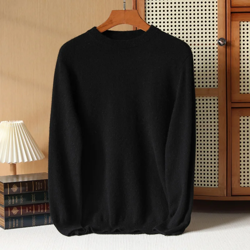 Men\'s 100% Pure Cashmere Knitted Sweater O-neck Long Sleeved Thick Black Pullover Winter And Autumn Warm High-end Versatile Top