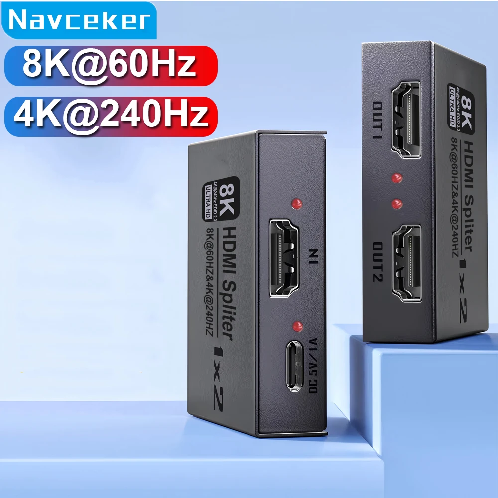 Navceker 1x2 4K 240Hz HDMI Splitter 8K 1 Input 2 Output HDMI 2.1 Bypass HDCP Distributor for Two Screens,PC,Projector,Laptop,PS5