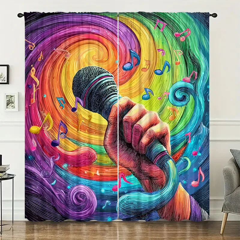 Vibrant Music Microphone Notes Abstract Curtains Bohemian Pop Art Performance Curtain Shower Curtain Home Decor Panels