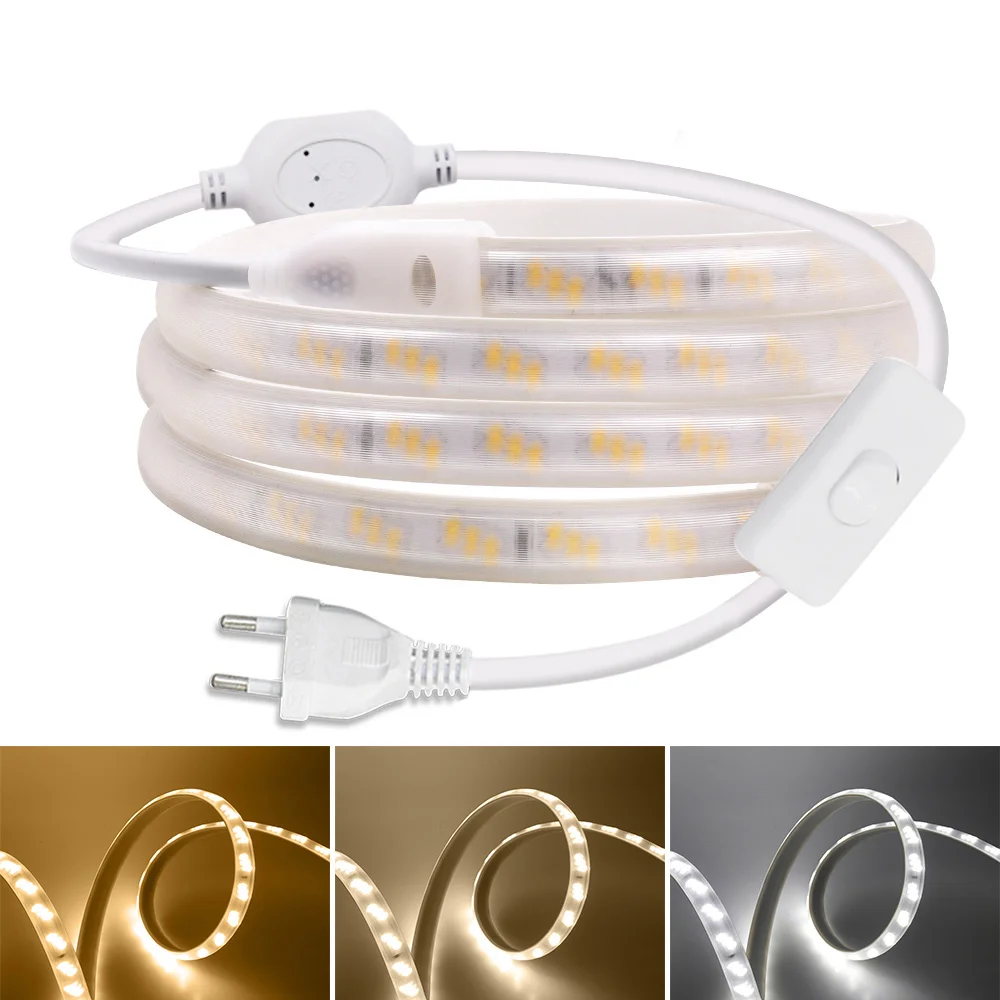 AC 220V LED Strip Light with Switch Power Plug 2835 180 LEDs Oblique 3 Row Waterproof Flexible Tape Home Decor 1m 5m 10m 15m 20m