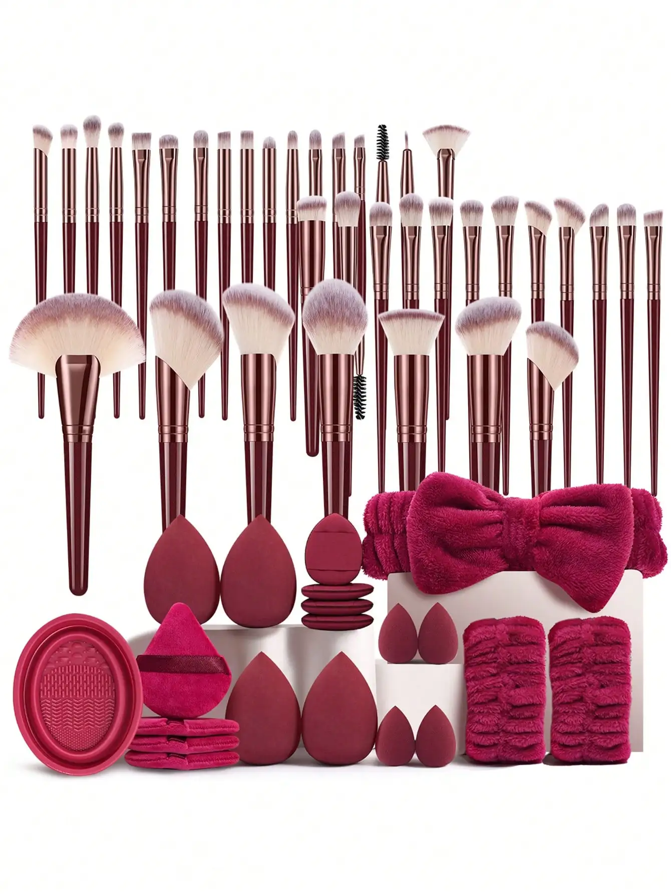 

56 PCS Makeup Tools Set Including:36PCS Makeup Brush Set+1pc Makeup Brush Cleaning Tools+4PCS Triangle Powder Puffs+4PCS Makeup Sponges+4PCS Mini Air Cushion Powder Puffs+4PCS Mini Makeup Sponges+2PCS Hand Bowl Strap+1pc Hairband,All-In-One & Beginner