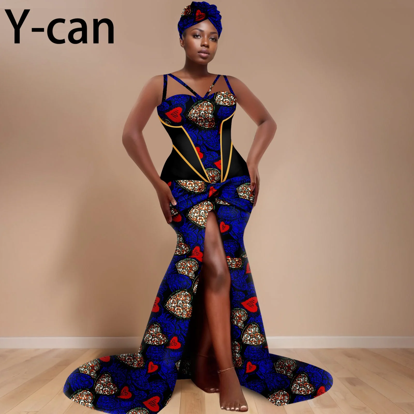 African Dresses for Women Luxury Party Dress Dashiki Print Mermaid Slit Dress Match Turban Bazin Riche Wedding Dress 2425192