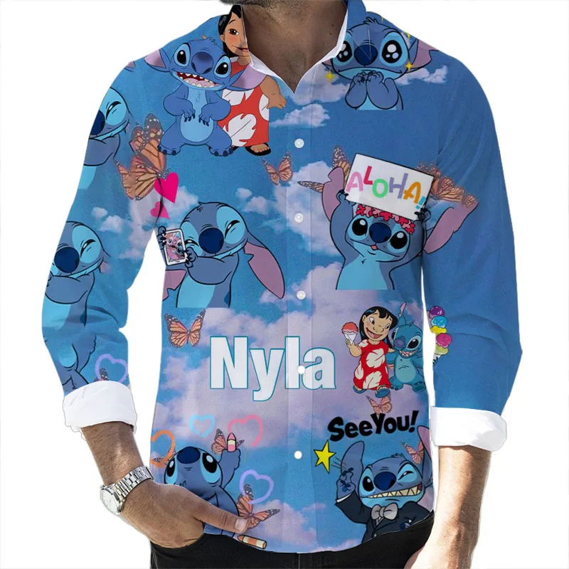 

Lilo and Stitch and Mickey Mouse Anime Street Style 2024 Spring Harajuku New Fashion Casual Lapel Shirt Men's Long Sleeve Shirt