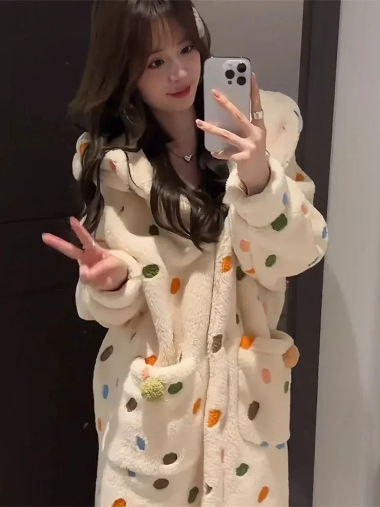 Plus Velvet Hooded Robes Women Print Warm Plush Sleepwear Girls Home Thicker Ulzzang Soft Lounge College Young Dormitory Winter