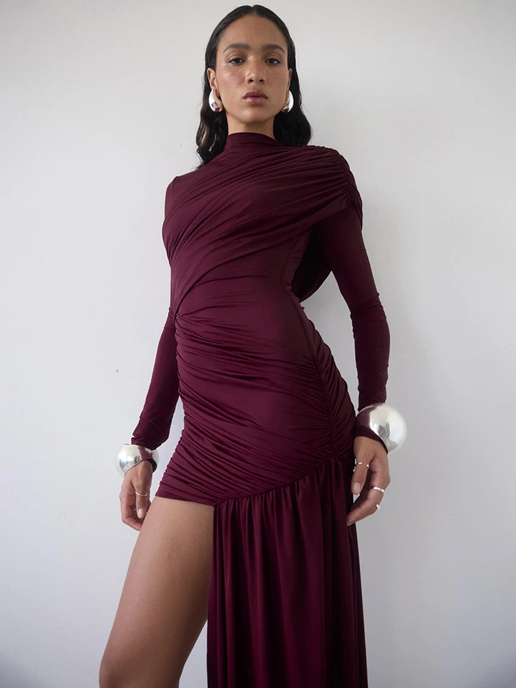 

Mozision Irregular Draped Ruched Sexy Mini Dress Women Gown Elegant Turtleneck Long Sleeve High Waist Pleated Club Party Dress