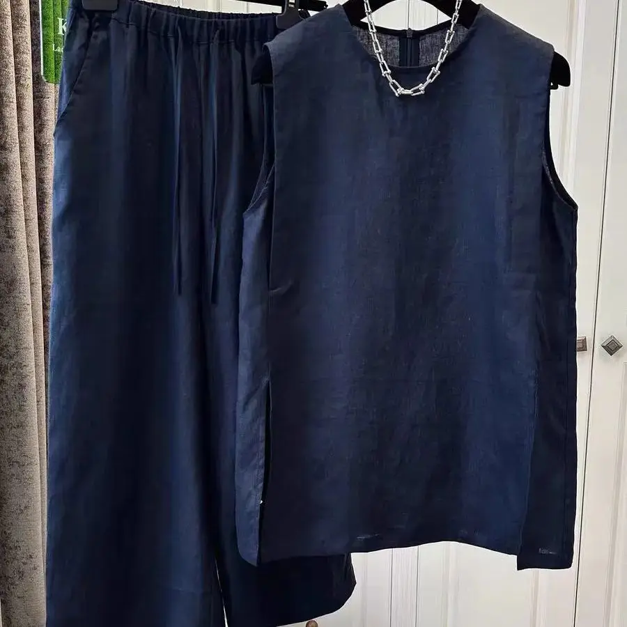 

Новый летний комплект из двух предметов больших размеров, женский удобный хлопково-льняной свободный жилет без рукавов с круглым вырезом + широкие брюки на шнурке