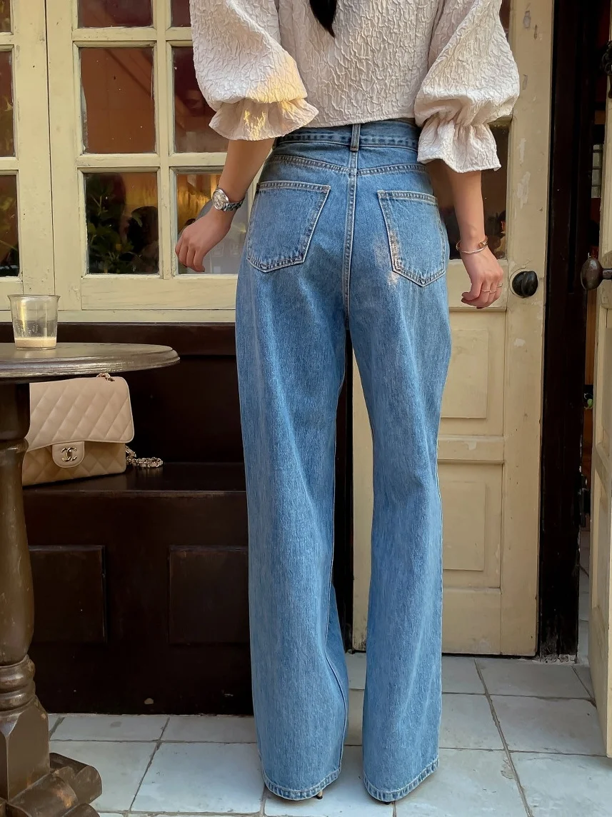 

Повседневные прямые джинсы с высокой талией в стиле ретро для женщин, асимметричный дизайн на пуговицах, крутые персональные длинные брюки свободного покроя