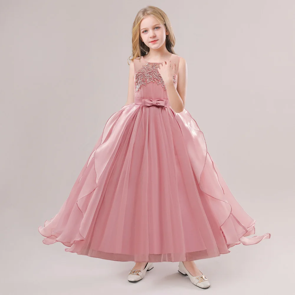 

MQATZ Summer Dress Long Gown Flower Girls Baby Clothes Children Princess Birthday Party Prom Host Bow Pink Wedding Bridesmaid