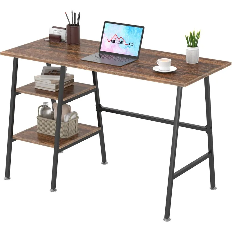 43 Inch Computer Desk Writing Study Work Office Table Modern Desk with Shelves Wooden Desk for Home Bedroom,Walnut Desk