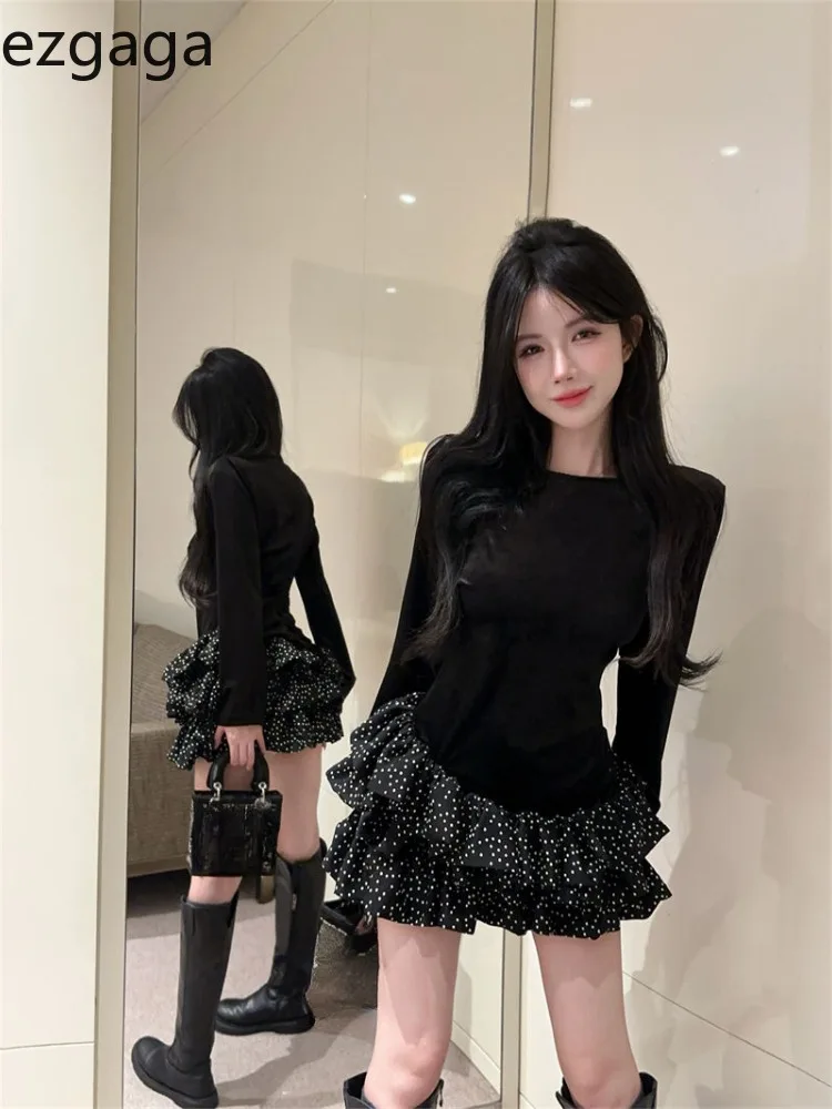 

Ezgaga Woman Dresses Elegant Velvet Polka Dot Patchwork Ruffles Slim Long Sleeve Spring Fashion Mini Dress Sweet Ladies