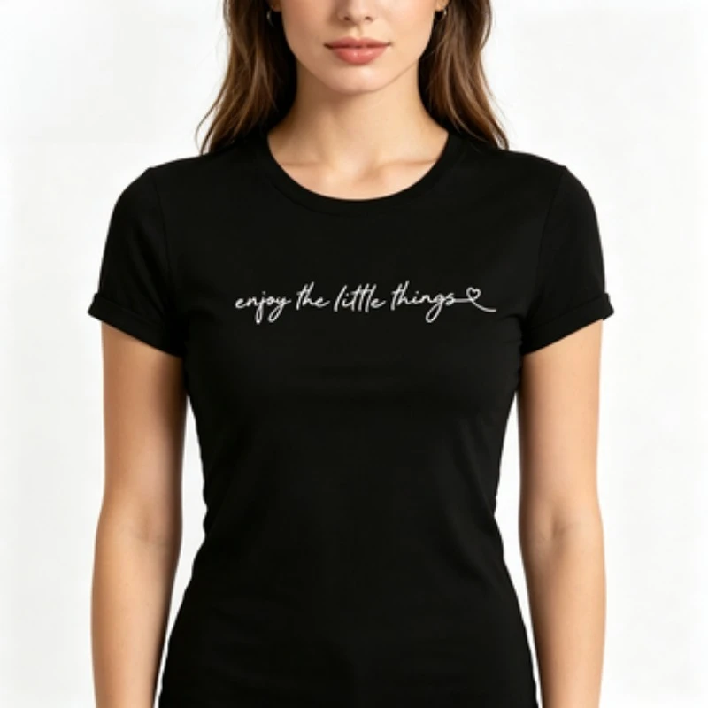 Casual Women Slim Fit Crew Neck Cotton Tee, Enjoy The Little Things Trendy Handwritten Slogan T-Shirt
