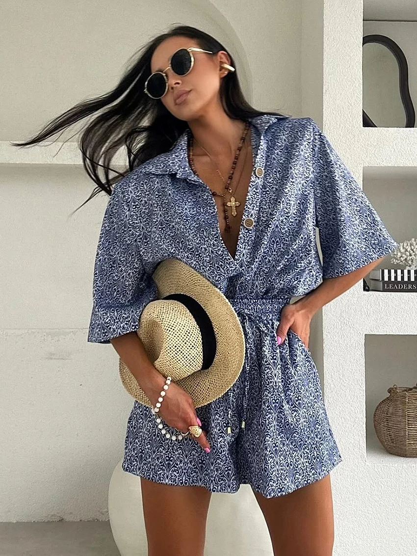 Marthaqiqi Loose Female Pajamas Suit Half Sleeve Sleepwear Turn-Down Collar Nightwear Shorts Printing Casual Women Nightgown Set