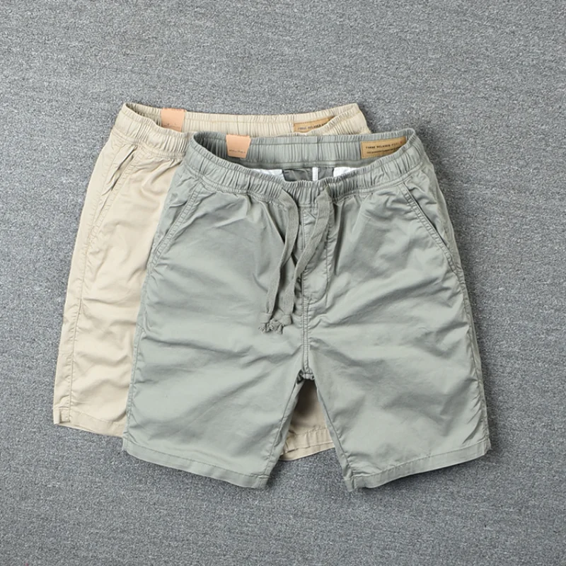 

Summer Men's Casual Cotton Shorts Elastic Waist Drawstring Solid Color Chino Shorts, Lightweight Breathable Shorts