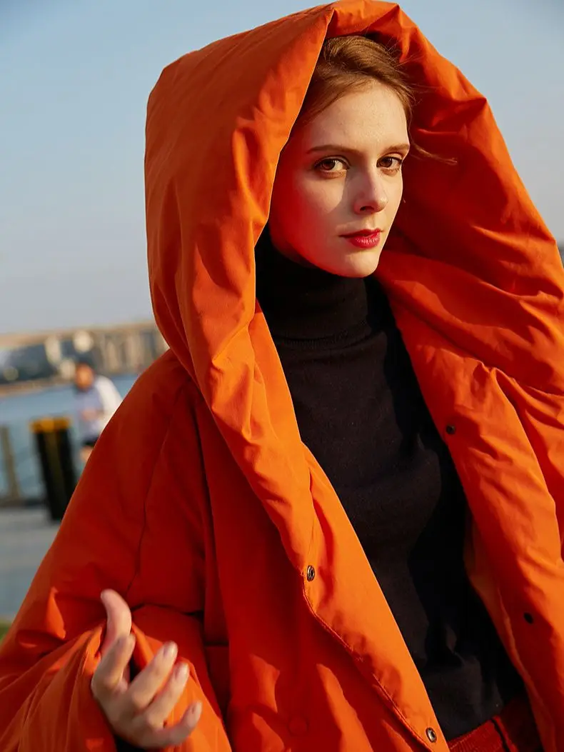 Winter Vrouwen Parka Mode Tij Losse Pluizige Oranje Rood Oversized Donsjack Nieuwe Hooded Lange Mouwen Warme Jassen F2531