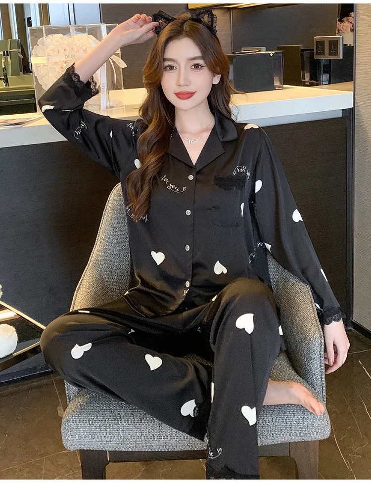 New Pajamas Spring Autumn Faux Silk Pajama Sets Long Sleeve Cardigan Sleepwear Korean Lapel Women Pijamas Heart Print Loungewear