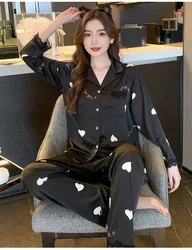 New Pajamas Spring Autumn Faux Silk Pajama Sets Long Sleeve Cardigan Sleepwear Korean Lapel Women Pijamas Heart Print Loungewear