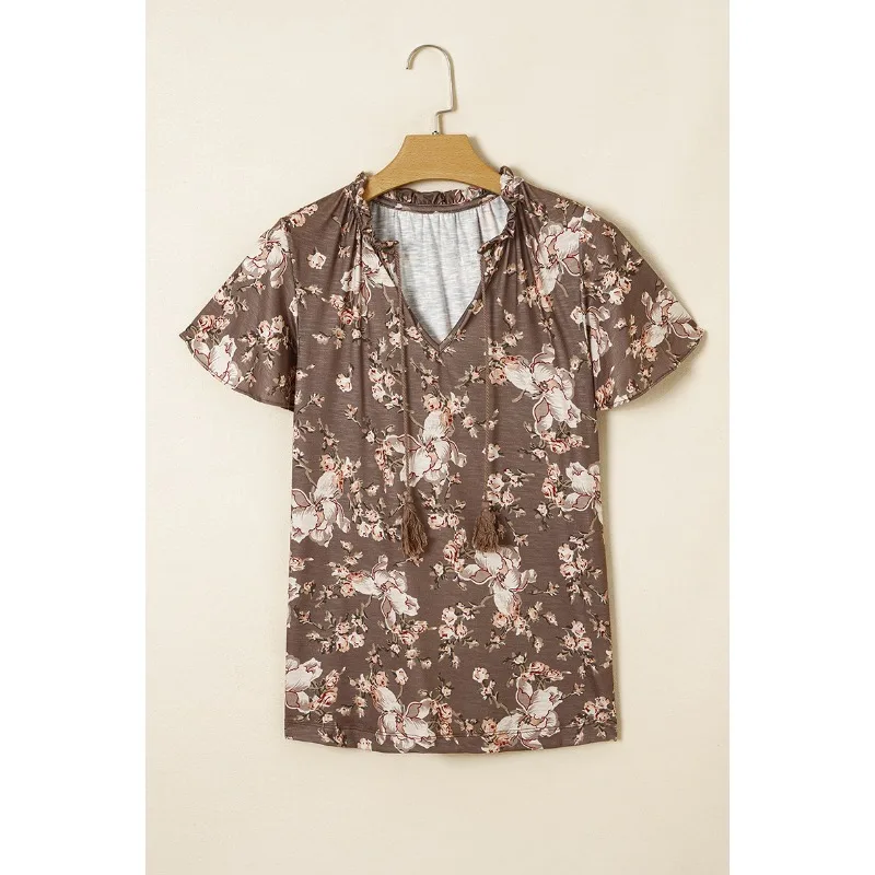 2025, Sommer Pflanze Blume Gedruckt Quaste Casual T Shirt Frauen V-ausschnitt Kurzarm Lose Vielseitig Straße Pendeln Grafiken Tees