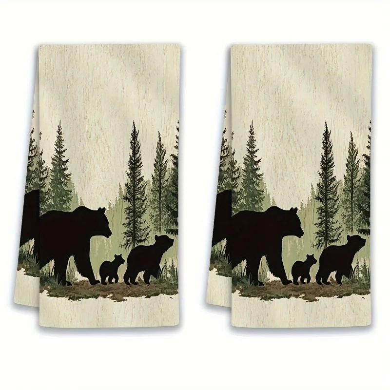 Cleaning cloth 2 packs, kitchen rag, black bear family silhouette design
