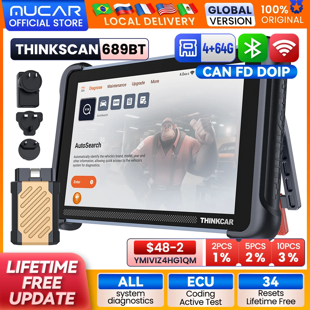 

THINKCAR THINKSCAN 689BT Car Diagnostic Tool CANFD&DOIP Obd2 Scanner 34 Resets Full System ECU Coding Active Test Diagnosis Free