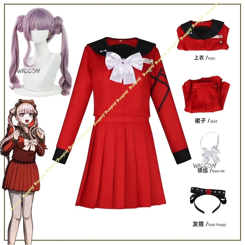 

Hundred Line Cosplay Costumes Tsukumo Kako Cute Red College Dress Wig White Bow Purple Ponytail Anime Christmas Halloween