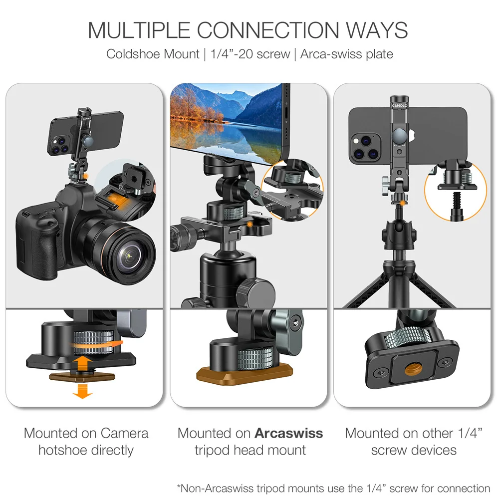 2024 360 회전 금속 휴대폰 삼각대 마운트, Arca 콜드 슈 휴대폰 거치대, 아이폰 안드로이드 스마트폰 삼각대 어댑터 카메라 라이트