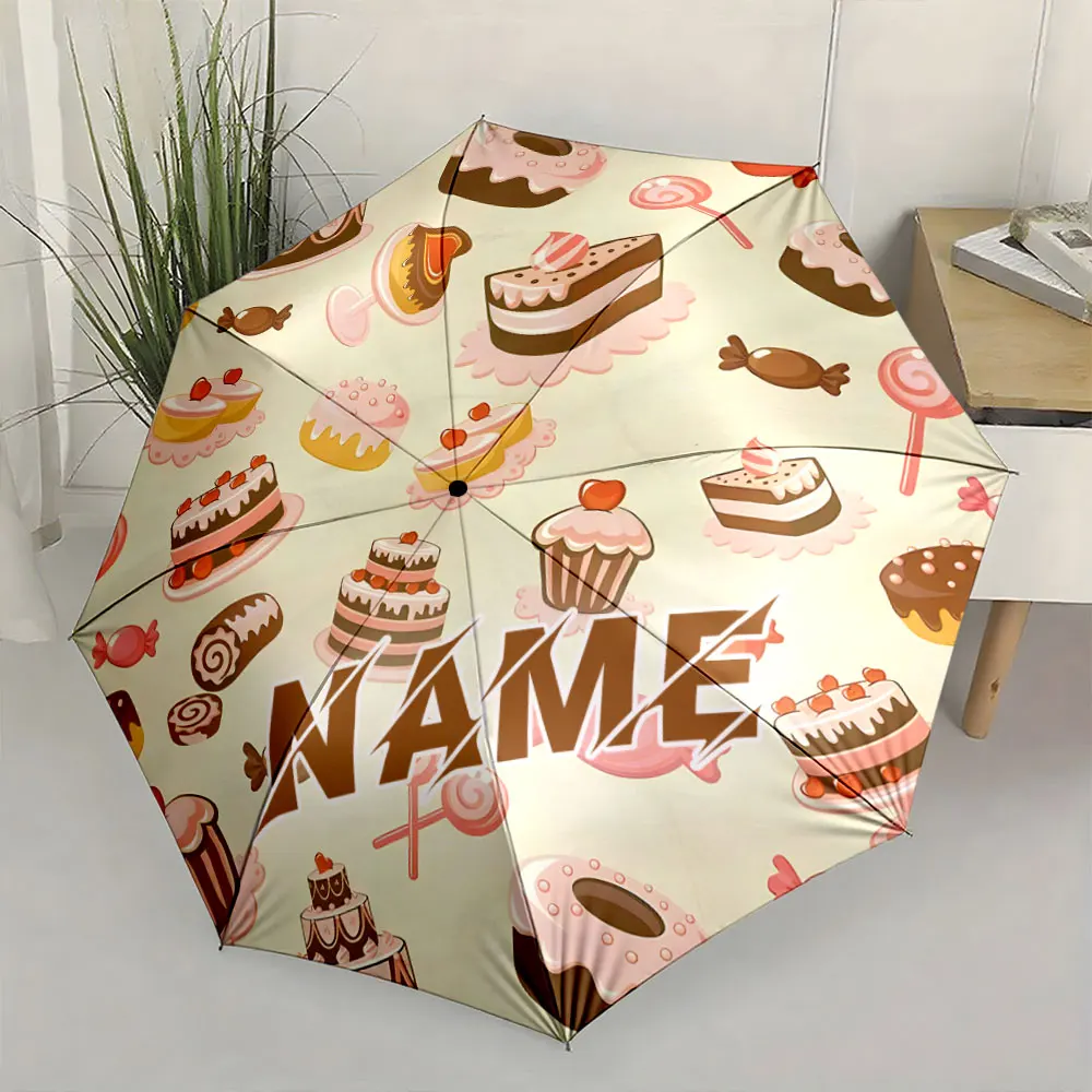 Custom Name Umbrella, Cute Dessert Pattern Umbrella with Cakes and Sweets Design Folding Umbrella for Sunny and Rainy,Gift