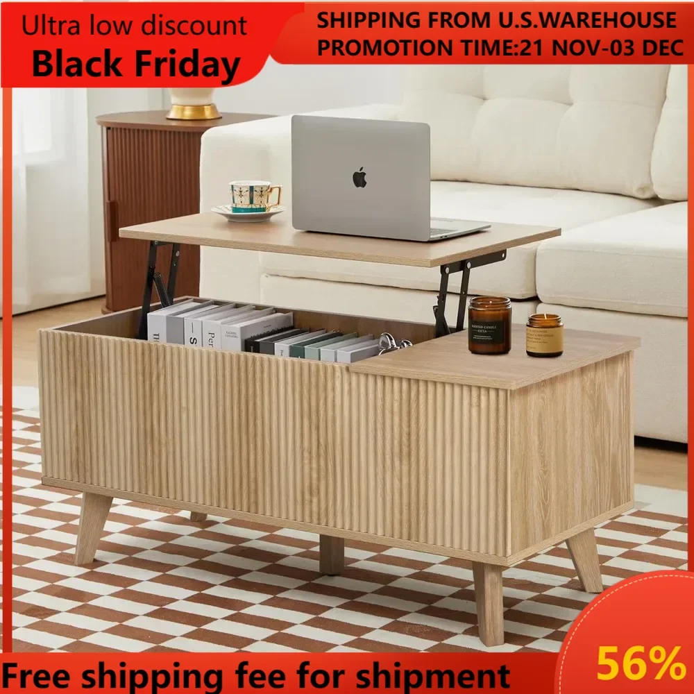 Wooden Fluted Lift Top Coffee Table with Hidden Compartment, Modern Rectangle Center Tables with Adjustable Storage Shelf, Lift