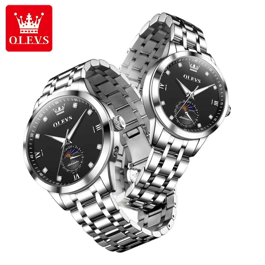 OLEVS 7041 Couple Watch for Men Women Moon Phase Automatic Mechanical Wristwatch Luxury Brand Diamond Scale Lover's Wristwatches