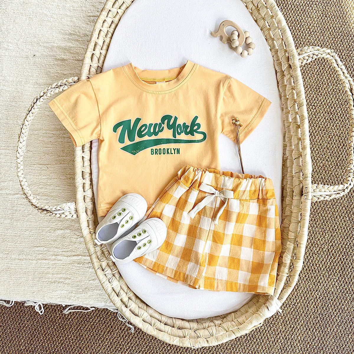 Newborn Boys Baby Clothing Set Girls Casual 2Pcs Letter Printed Short Sleeved T-shirt+Checkered Shorts infant Outfit 0-3Y