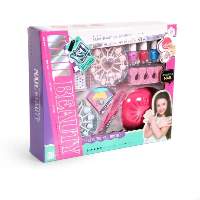 Juego juguetes para salón uñas para niña con estuche almacenamiento portátil, minisecador esmalte a base agua y
