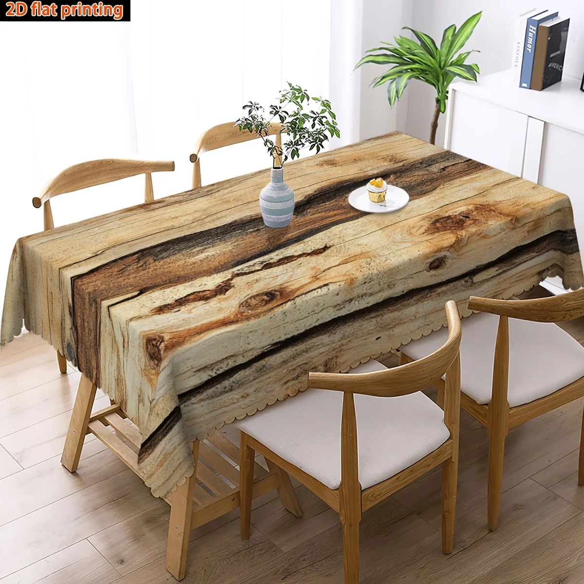 2D Flat farmhouse tablecloth featuring geometric patterns printed with old wood grain wood panels, suitable for home use.