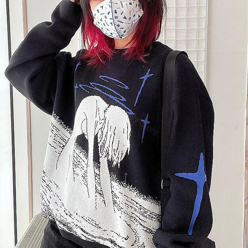 EVANGELION Ayanami Rei Sweater Anime Oversized Knitted Jumper Streetwear Hip Hop Loose Pullover for Men Women O-Neck Sweaters