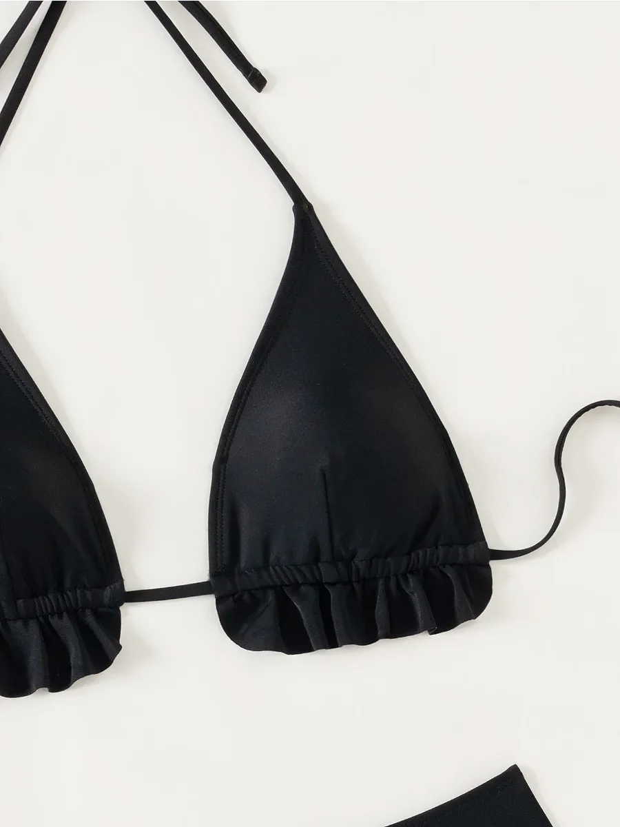 Bikini Set Solid Color Black Ruffle 2 Piece Swimsuit for Women Black V-neck Halter Backless High Waist Bathing Suit 2025 New