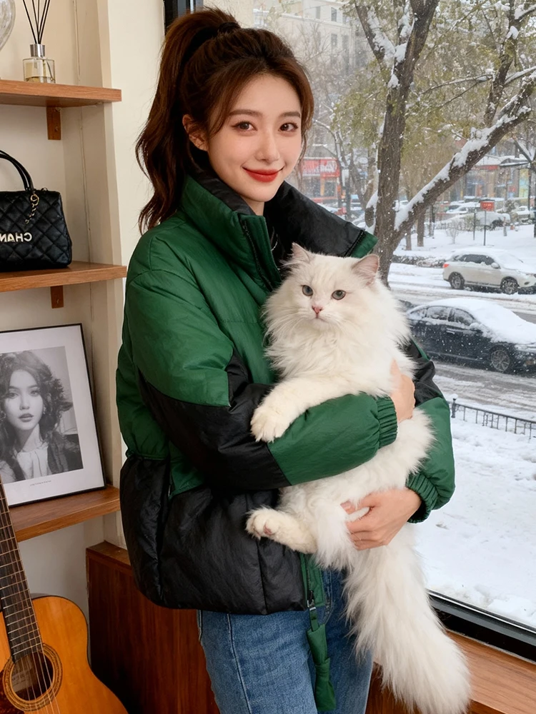 

Faionable Patchwork Zipper ort Jaet Women's Winter High Collar Pure Color Cotton Inserted Top Street Sle Korean Loose...