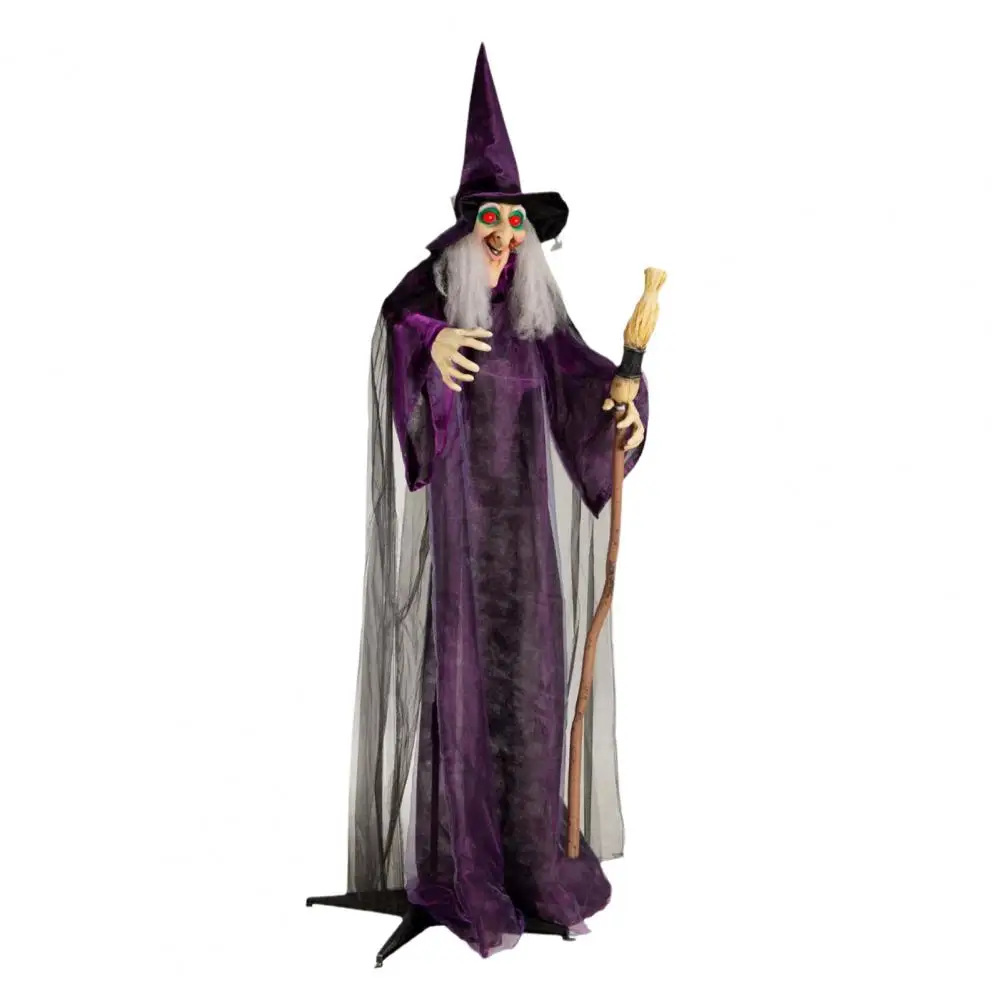 Ornamento de bruxa com olhos led assustador adereços de bruxa de halloween estátua de bruxa má com som de olhos brilhantes 5 pés pairando para festa