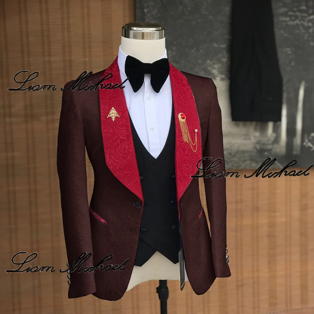 Jacquard Men\'s Suit 3 Piece White Jacket Pants Vest Wedding Groom Tuxedo Red Collar Party Formal Dress Elegant Men\'s Suit