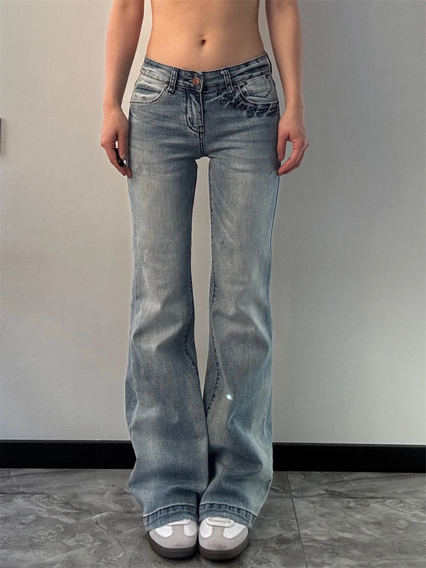 

Slim Fit Low Waist Bell Bottom Denim Jeans Women's Spring Season Casual Cotton Soft Fabric Button Closure Deep Color