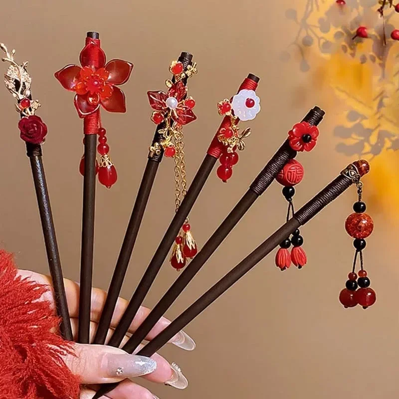 

Retro Red Flower Wooden Hair Stick For Women 2025 New Year Hanfu Hairpin Chinese Style Hair Fork Hanfu Accessories
