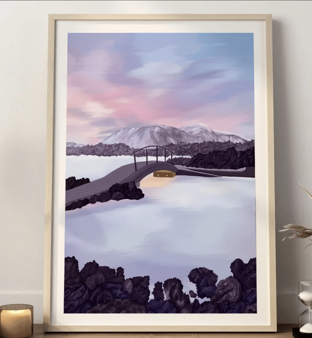 Pastel Sunset Mountain Lake Bridge Canvas Wall Art Prints Decor, Nature Landscape Poster for Bedroom, Living Room, Entryway Home