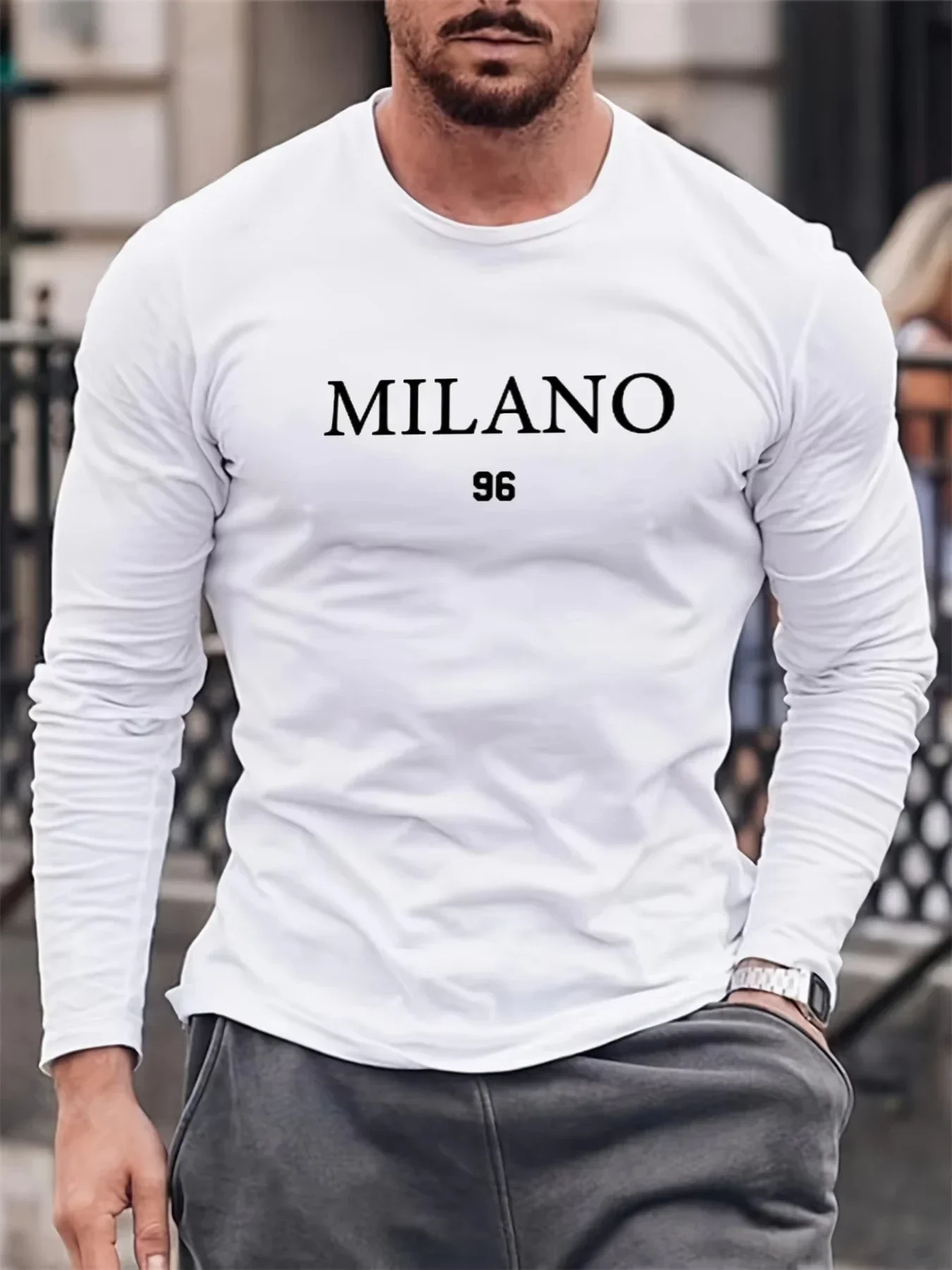 MILANO 96 printed Men's long sleeved T-shirt  loose fit comfortable sports and leisure  round neck top