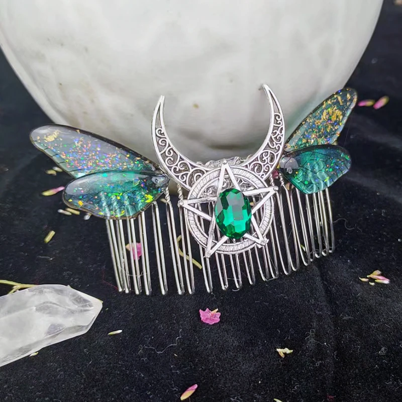 Witch Crystal Butterfly Cicada Wing scent Moon Pentragm HairComb Pagan Goddness Tiaras Hair Barrette Fairy Hair Jewelry for gift