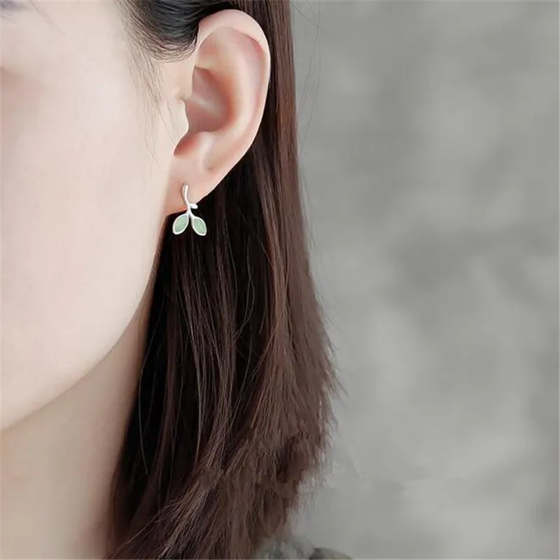 Nature Art Fashion Student Jewelry 925 Sterling Silver Green Leaf Stud Earrings For Women Girl XE255