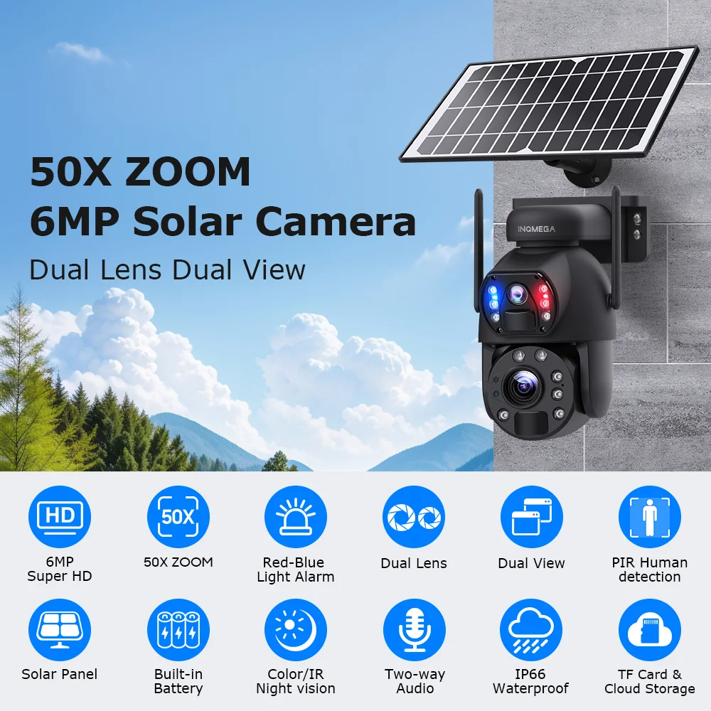 INQMEGA 3K 6MP 4G Solar Camera 50X Optical Zoom Dual Lens Outdoor WIFI Metal Waterproof Laser infrared cam