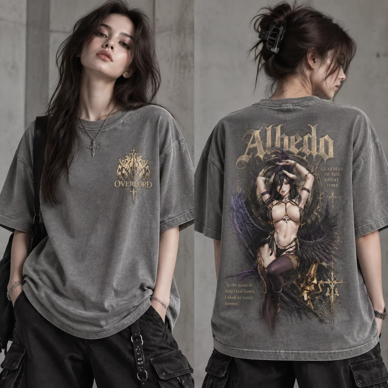 Albedo Overlord Graphic Tee, Double Sided Vintage Acid Wash Oversized T-Shirt, Gothic Y2K Streetwear Unisex Short Sleeve Top